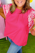 Strawberry Pink Floral Embroidered Flutter Sleeve Pleated Plus Size Blouse Plus Size Tops 43db1cfa6f12b23f