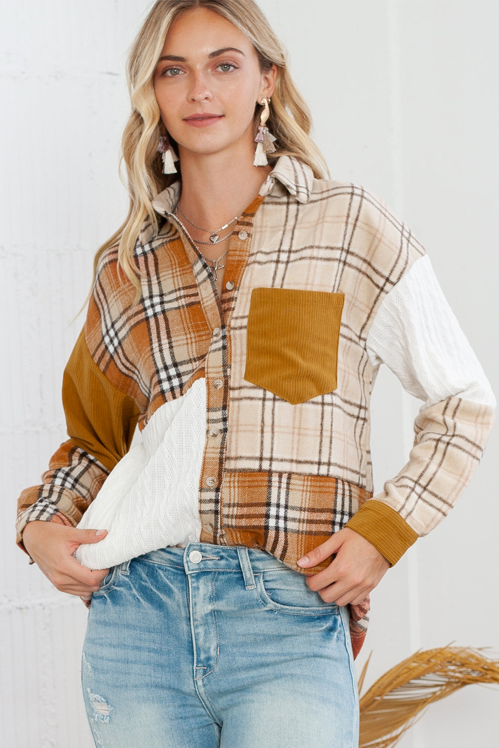 Orange Plaid Color Block Patchwork Pocket Shirt Shacket Jackets 43e4bc625f1d731d