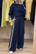 Dirty Blue Varsity Striped Detail Cropped Pullover Wide Leg Pants 2pcs Outfit Two Piece Pants Sets 43f697a7dfde23f3