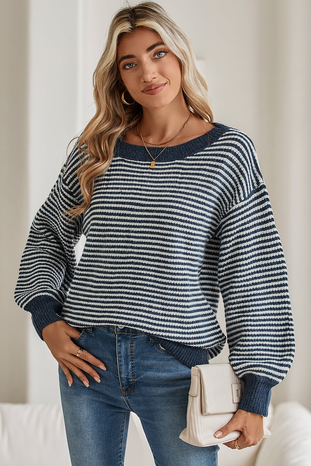 Sail Blue Striped Drop Shoulder Lantern Sleeve Sweater Sweaters 43f79c3e340db2a0
