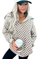 Khaki Checkered Print Quarter Zip Ribbed Patchwork Loose Sweatshirt Sweatshirts & Hoodies 4457d4c5bd155c7f