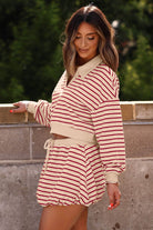 Red Stripe Cropped Collared Drop Shoulder Pullover and Bubble Mini Skirt Set Two Piece Skirt Sets 44748ac47c6348d1