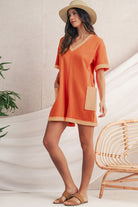 Russet Orange Two Tone Short Sleeve V Neck Patched Pocket Loose Romper Rompers 448076395d2f15ba