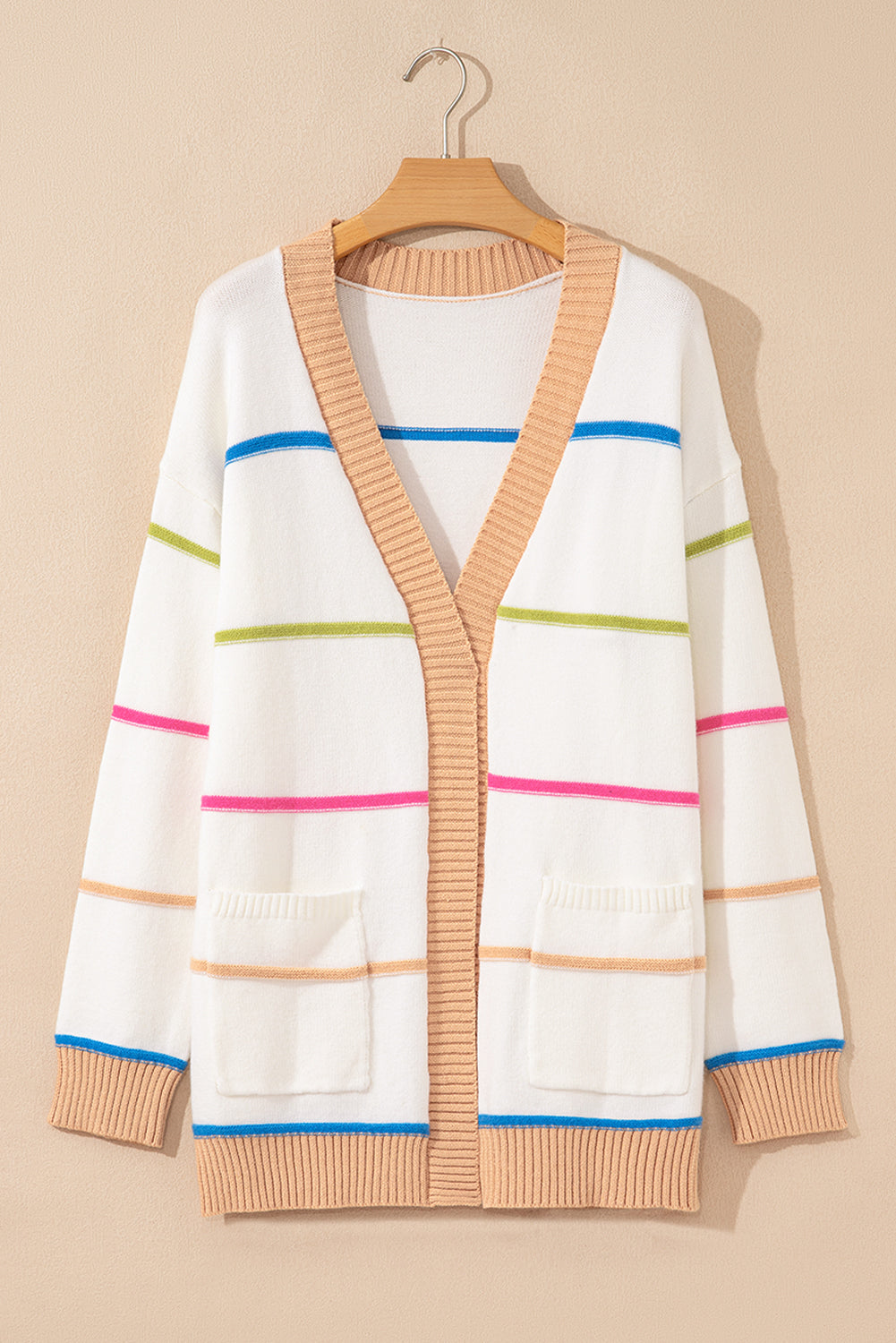 White Color Block Striped Open Front Cardigan With Pocket Cardigans 44af44f2247980b0