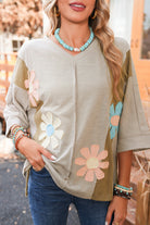 Light Blue Flower Patched Exposed Seam 3/4 Sleeve top Long Sleeve Tops 44d143cc15afc726