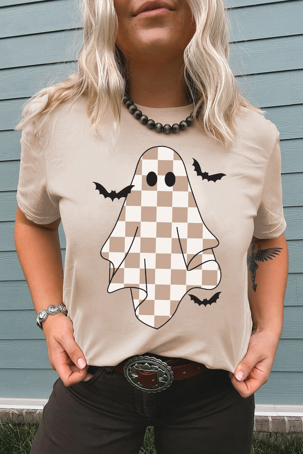 Khaki Ghost Bat Heat Transfer Printing Halloween Holiday Graphic Tee Graphic Tees 44e26687767b9780