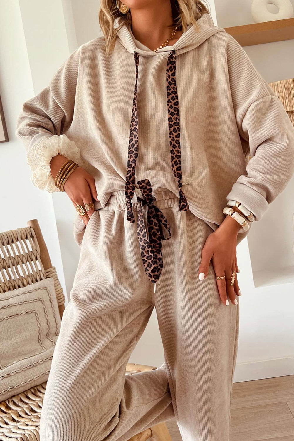 Dark Khaki Drawstring Pullover Hoodie and High Waist Pants Corduroy Suit Two Piece Pants Sets 4510f0d3db6d1502