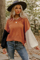 Desert Gold Colorblock Raw Edge Bubble Sleeve V Neck Sweater Sweaters 4539dd84d5be6efc