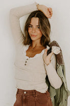 Beige Lace Neckline Button Decor Lettuce Edge Long Sleeve Ribbed Top Long Sleeve Tops 453de98313118a95