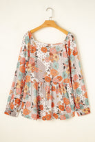 Khaki Plus Size Flower Print Square Neck Peplum Blouse Plus Size Tops 4553ef43ac4dfce0