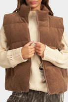 Beige Corduroy Stand Neck Zipped Puffer Vest Vests 45619fbf2f884a34