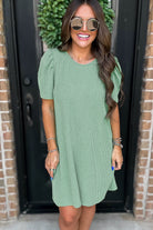 Blossom Corded Crew Neck Puff Sleeve Mini Dress Short Dresses 456f3859249ea38a