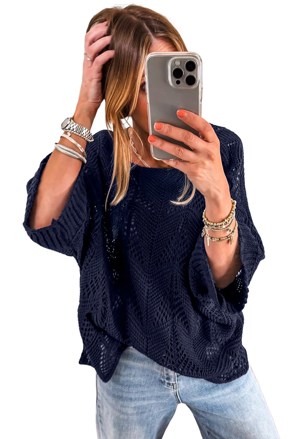 Seagrass Hollow Out Knit 3/4 Sleeve Loose Sweater Sweaters 4587282fe0d7f0b0