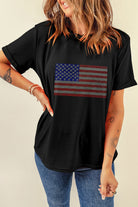 Black Rhinestone American Flag Graphic Round Neck Tee Graphic Tees 45d3d8d45c7bd4cf