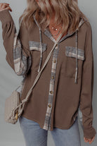 Brown Plaid Patchwork Button Down Drawstring Hooded Shacket Jackets 460165339cda523e