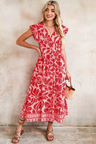 Red Boho Floral V-Neck Ruffle Shoulder Maxi Dress Maxi Dresses 4602753e16082b1f