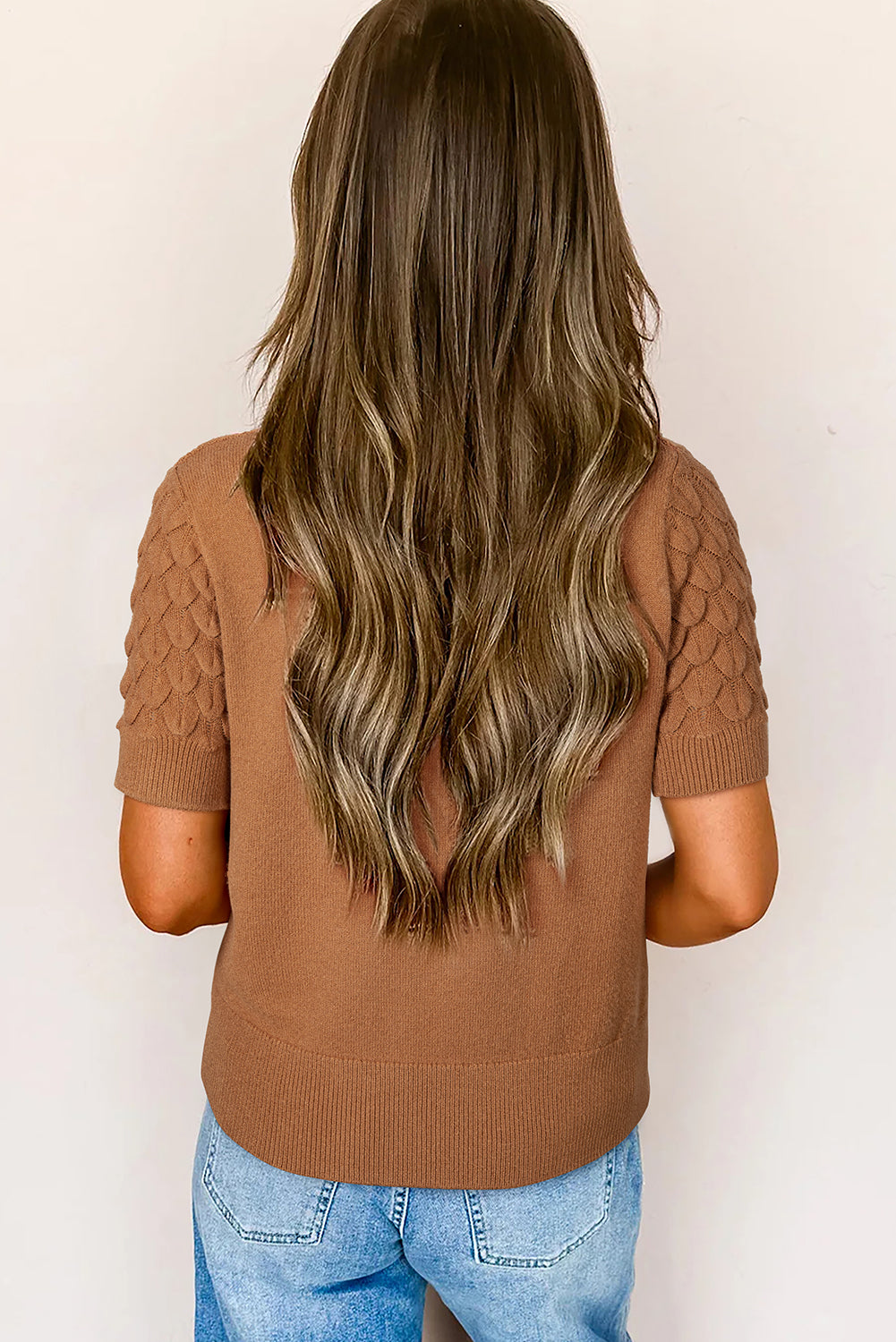 White Fish Scale Textured Knit Ribbed High Neck Short Sleeve Sweater Sweaters 460c057cfa076af5