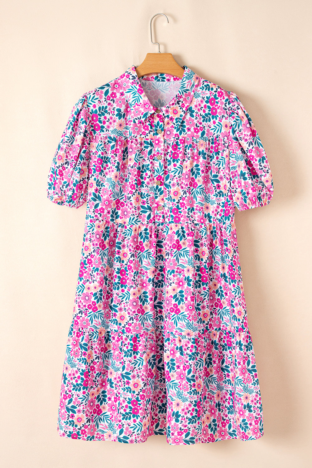 Pink Plus Size Floral Half Button Puff Sleeve A Line Dress Plus Size Dresses 46588555b75e5fc9