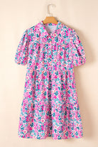 Pink Plus Size Floral Half Button Puff Sleeve A Line Dress Plus Size Dresses 46588555b75e5fc9