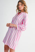 Rose Striped Long Sleeve Buttons Loose Mini Dress Short Dresses 4660ef3819756ffa