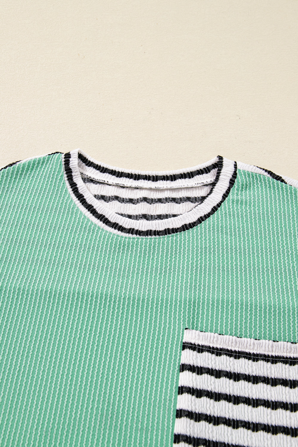 Sea Green Twisted Ribbed Contrast Round Neck Striped Patchwork Long Sleeve Top Long Sleeve Tops 467c0d04585c531f