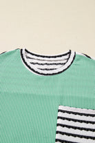 Sea Green Twisted Ribbed Contrast Round Neck Striped Patchwork Long Sleeve Top Long Sleeve Tops 467c0d04585c531f