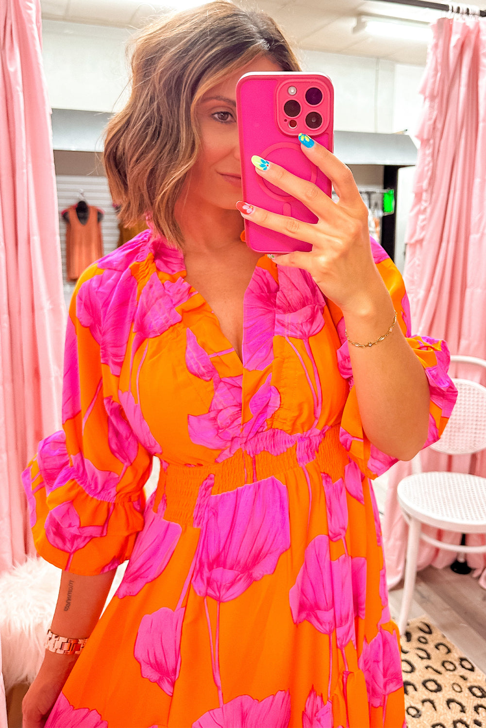 Orange Floral Print Frill Smocked V Neck 3/4 Sleeve Maxi Dress Maxi Dresses 46810564a64fb33c