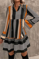 Black Striped Polka Dot Print Ruffle Hem V Neck Loose Mini Dress Short Dresses 46a5ffad4c5740c0