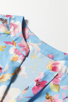 Sky Blue Floral Smocked Cuff Flounce Sleeve V Neck Blouse Blouses 470202177546a338