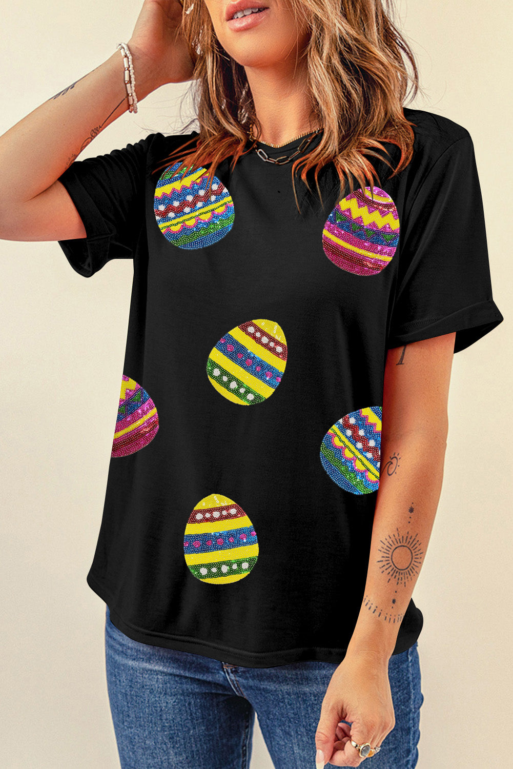 Black Easter Sequin Eggs Graphic Round Neck T Shirt Graphic Tees 471fad6d1709c910
