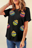 Black Easter Sequin Eggs Graphic Round Neck T Shirt Graphic Tees 471fad6d1709c910