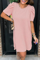 Blossom Corded Crew Neck Puff Sleeve Mini Dress Short Dresses 473a65f5e53683e7