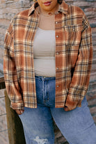 Brown Plaid Print Flap Pocket Button Plus Size Shirt Plus Size Outerwear 47572646e913c51e