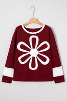 Red Dahlia Cheerful Daisy Flower Patched Round Neck Long Sleeve Top Long Sleeve Tops 476cc307c5251f1e