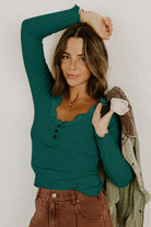 Black Lace Neckline Button Decor Lettuce Edge Long Sleeve Ribbed Top Long Sleeve Tops 476f956c91f3172c