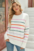 Black Colorful Striped Ribbed Trim Round Neck Sweater Sweaters 4782fd7b7f9e4947