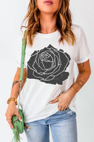 White Large Rose Graphic Crew Neck T Shirt Graphic Tees 47a0778cb79cbde2