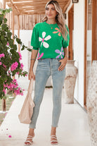 Bright Green 60s Floral Bubble Short Sleeve Knitted Top Knit Tops 47d2cccc1d896b43