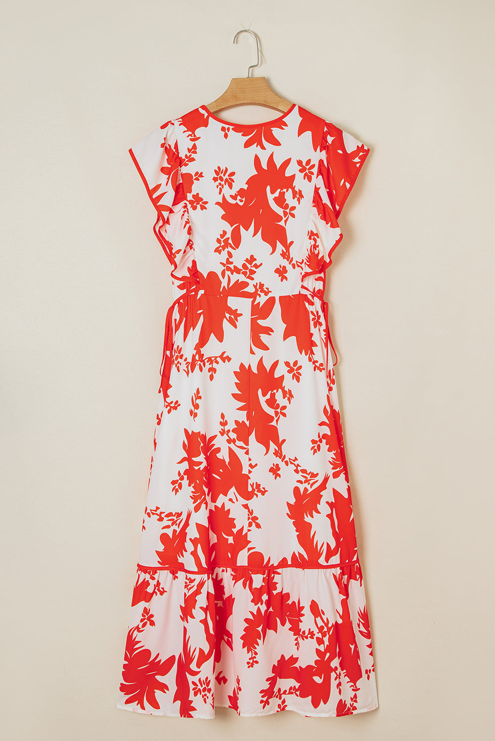 Red Floral Print Trimmed V Neck Ruffle Sleeve Maxi Dress Maxi Dresses 47d31e74988daf07