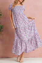 Purple Floral Short Bubble Sleeve Smocked High Waist Maxi Dress Maxi Dresses 47e2b4d142e24838