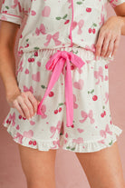 Beige Bow and Cherry Print Ruffle Hem Shorts Pajama Set Two Piece Shorts Sets 47f1bd766dfc6133