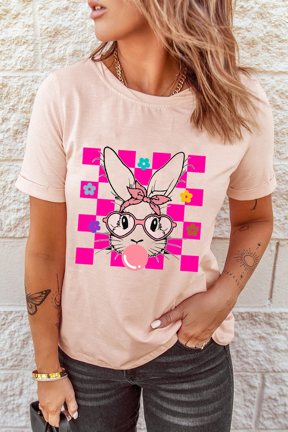 Pink Easter Rabbit Checkered Flower Graphic O Neck T Shirt Graphic Tees 4803b23080290a58