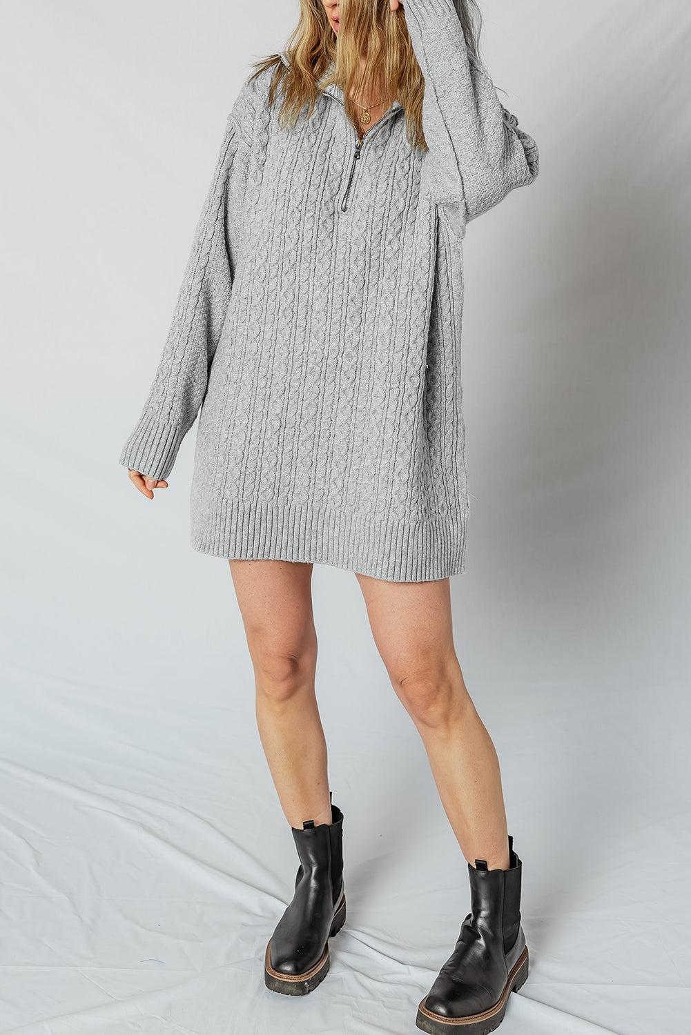 High-rise Quarter Zip Ribbed Trim Cable Knit Loose Sweater Dress Sweater Dresses 4804ad8a533573ea