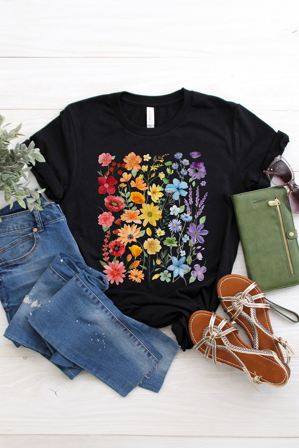 Black Flower Heat Transfer Printing Cotton Blend Casual Tee Graphic Tees 482c31248d435f6f
