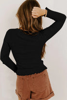 Black Lace Neckline Button Decor Lettuce Edge Long Sleeve Ribbed Top Long Sleeve Tops 482d988d0ad2782b