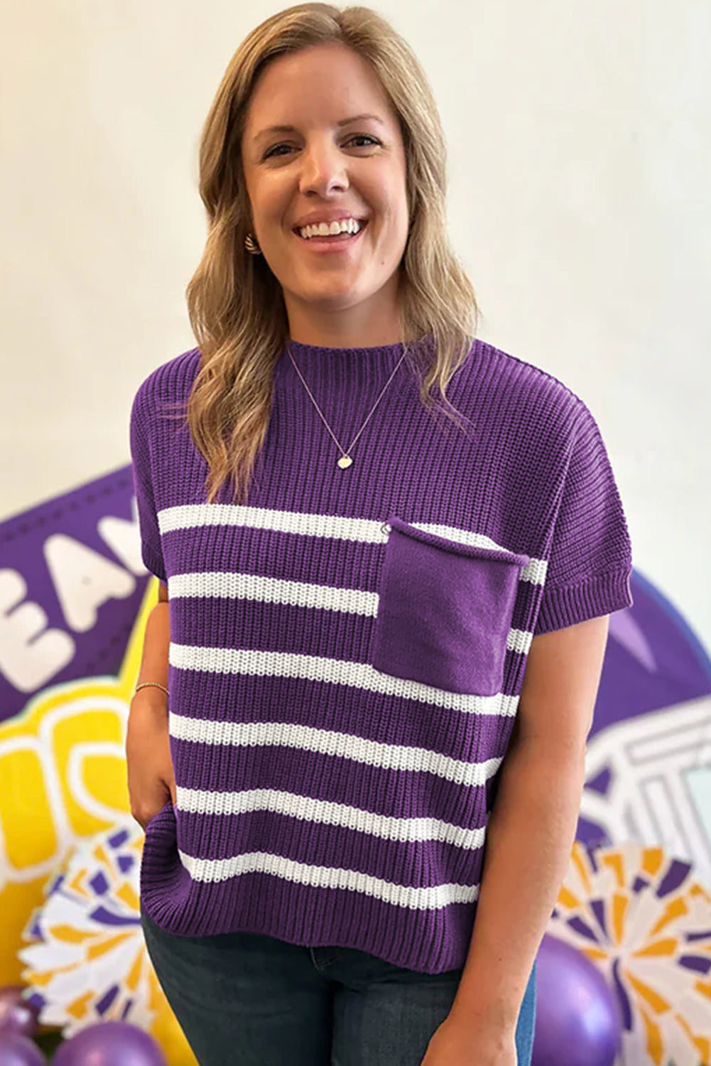 Purple Stripe Raw Edge Patched Pocket Short Sleeve Knit Sweater Sweaters 4832dab7515d6b95