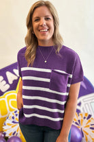 Purple Stripe Raw Edge Patched Pocket Short Sleeve Knit Sweater Sweaters 4832dab7515d6b95