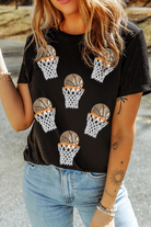 Black Sequin Basketball Patched Graphic Game Day T Shirt Graphic Tees 48630b9ea9b1a453