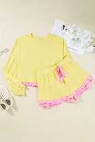 Yellow Ruffle Striped Hem Patchwork Pullover Top and Shorts Plus Size Set Plus Size Matching Sets 48719049daa70a8b