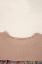 Beige Waffle Stripe Plaid Patchwork Henley Top Long Sleeve Tops 48c733f0c0b9ef61